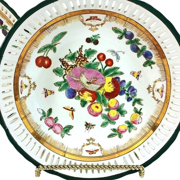 Serving Bowl Fruit Motif Open Lattice Rim Bottom Chopmark 9" Set of 2 - Picture 10 of 10